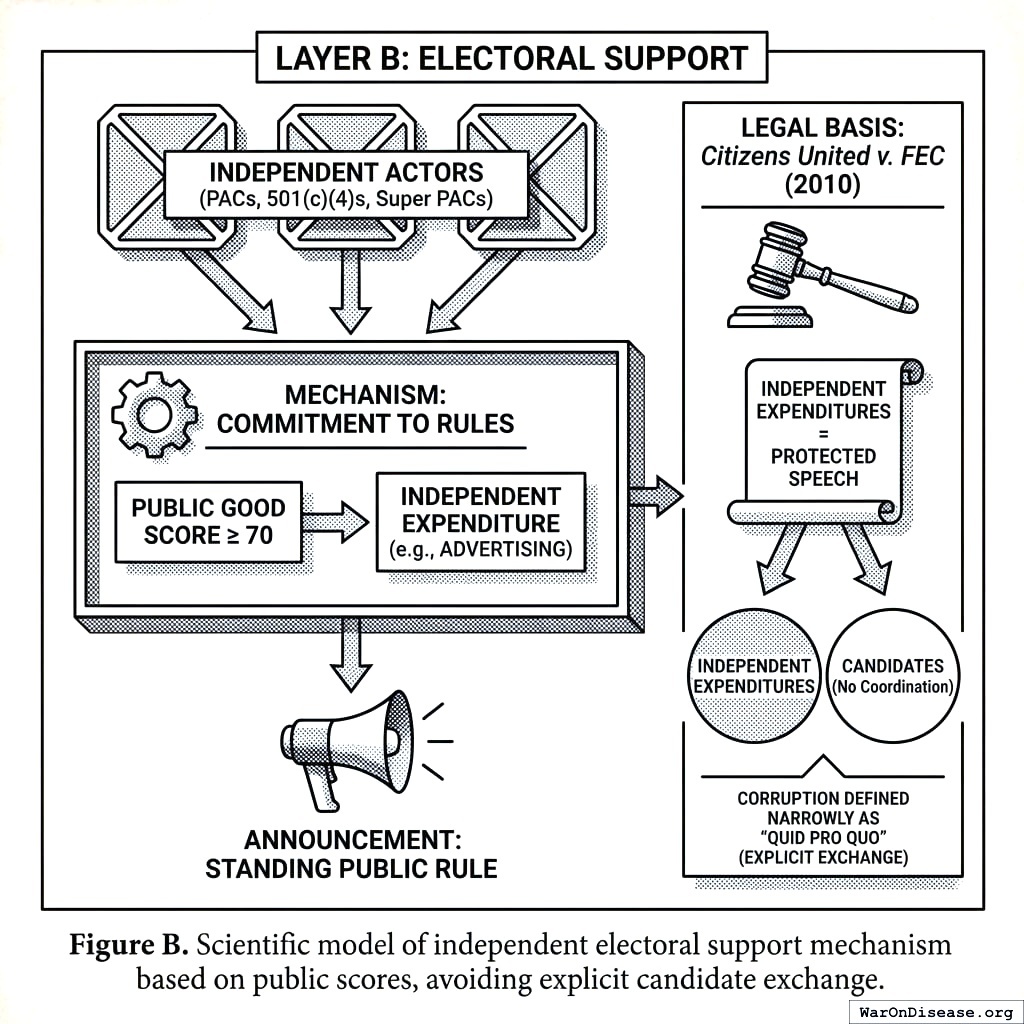 How to help good politicians without technically coordinating, which would be illegal. Everyone just happens to read the same scoreboard and coincidentally makes the same decisions.