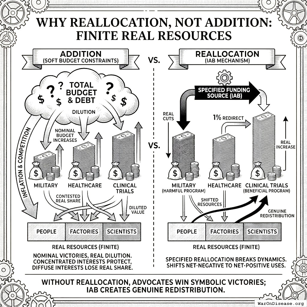 Spending more money doesn’t work because there aren’t more doctors. Moving money from bombs to medicine does work because doctors already exist.